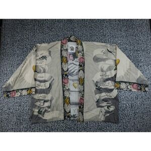 Market of Stars Kimono Robe Women One Size Cream French Script Floral Excellent